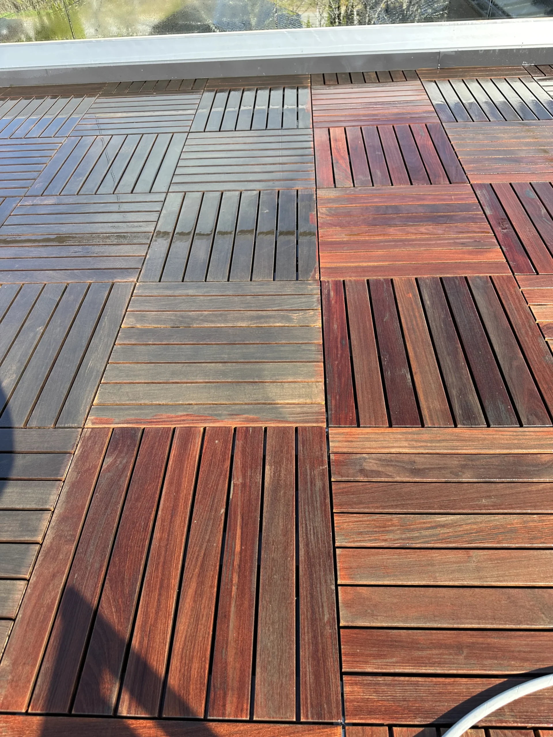 Exterior wood decking lasts longer with pressure washing.
