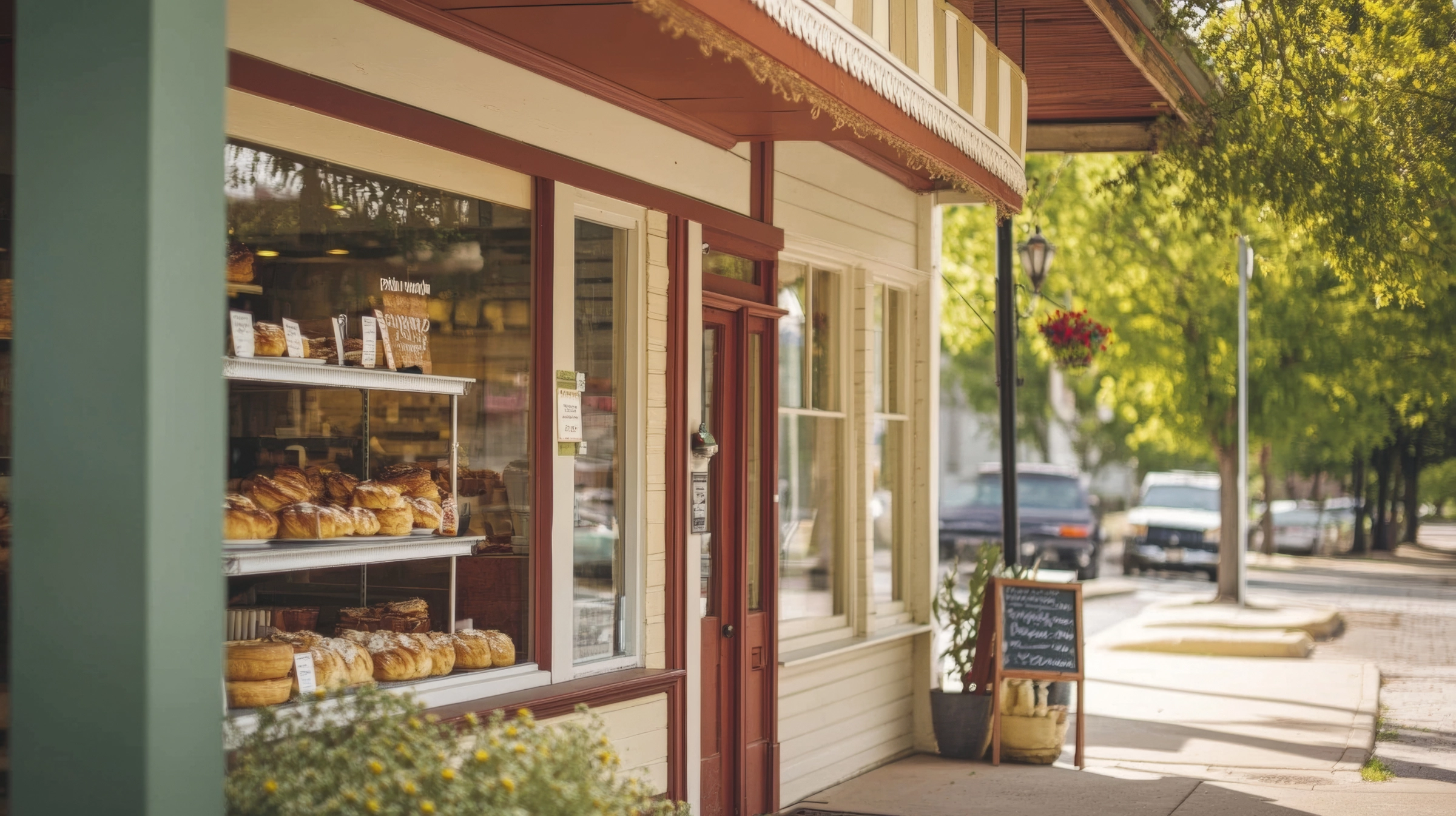Commercial window cleaning for a bakery storefront Clean display windows showcase fresh pastries under a striped awning on a tree-lined street.