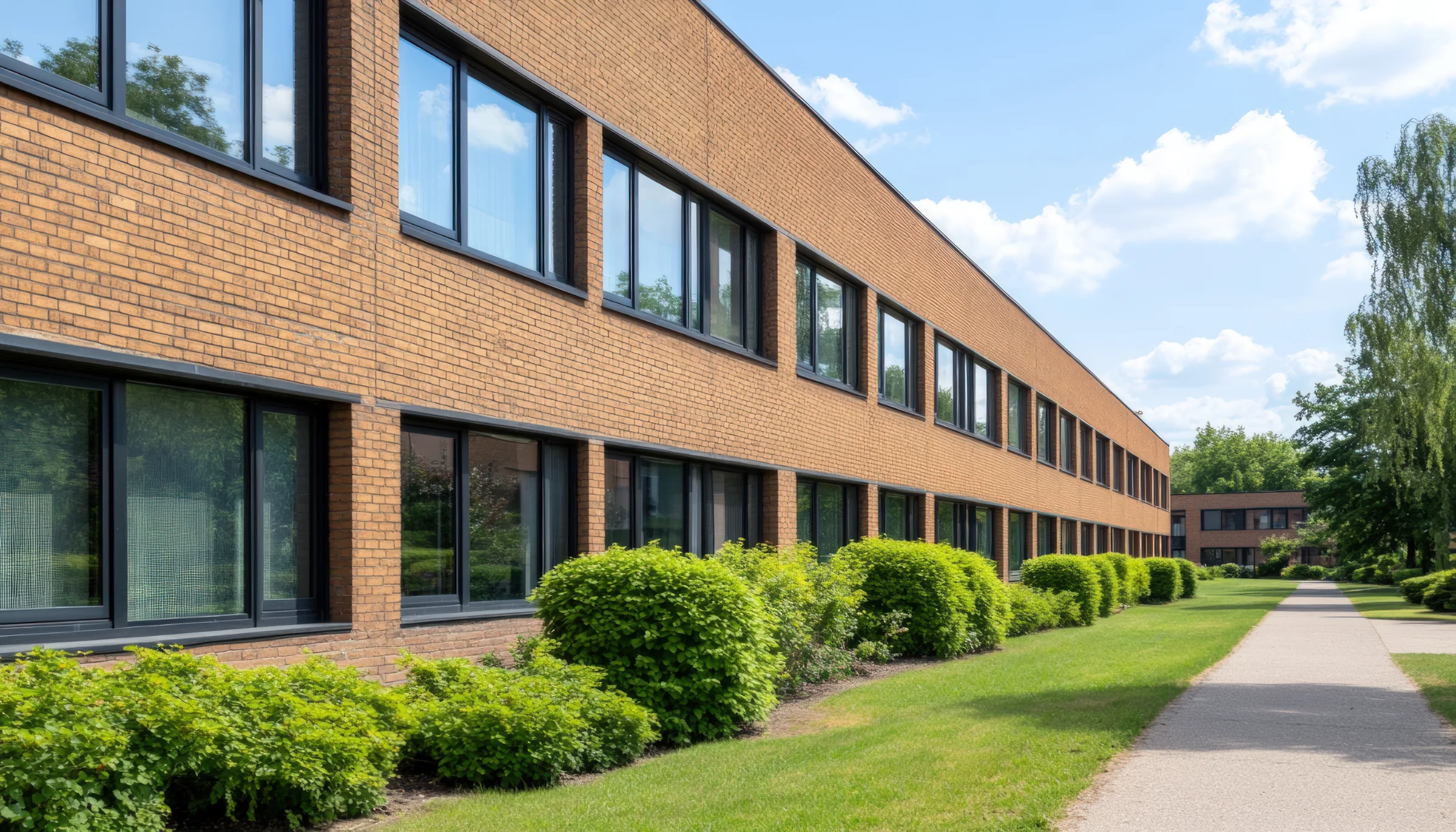 Commercial window cleaning for a multi-unit brick office building with rows of clean windows along a landscaped walkway.