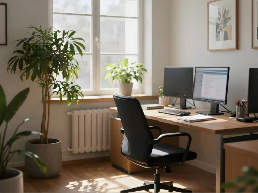 Clean, organized office interior with tidy desks and spotless floors, reflecting professional janitorial service.