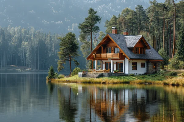 A well-maintained wood-and-stone home beside a lake, the standard of upkeep Streak Free or Die delivers for HOA and multi-unit properties.