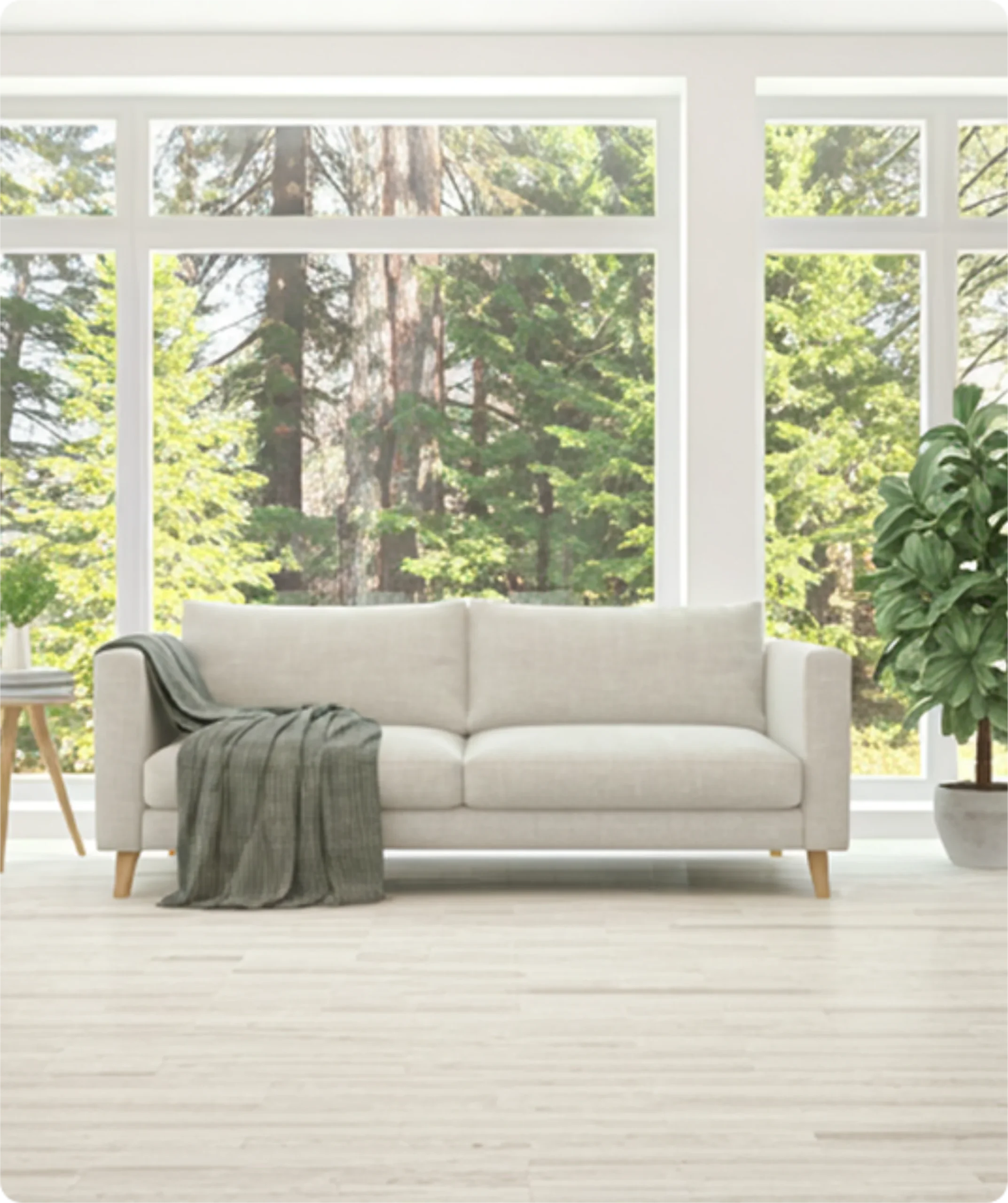 Modern living room with tall windows that are crystal clear and clean