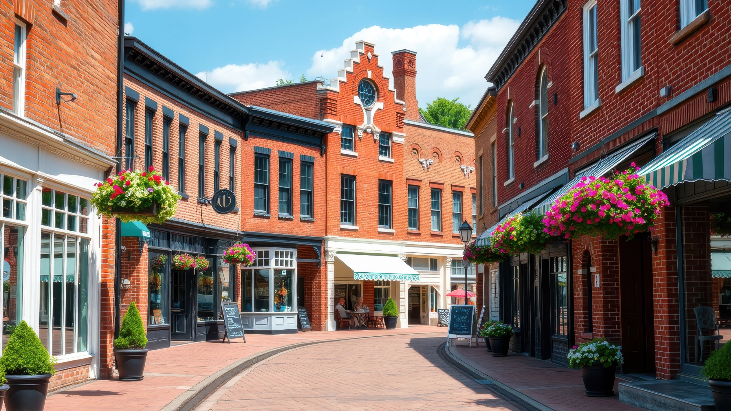 Commercial window cleaning for a historic downtown shopping district — sparkling storefront windows along a flower-lined brick street.